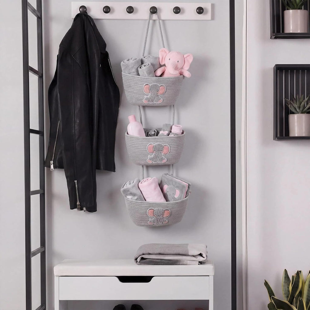 Elephant Nursery Decor Elephant Basket 3-Tier Cotton Rope Hanging Basket Organizer Wall Storage Bin with Hooks, Grey Over Door Decorative Nursery Closet Hanging Accessories