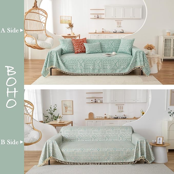 HANDONTIME Farmhouse Couch Cover Tassel Light Green Sofa Covers - Image 2