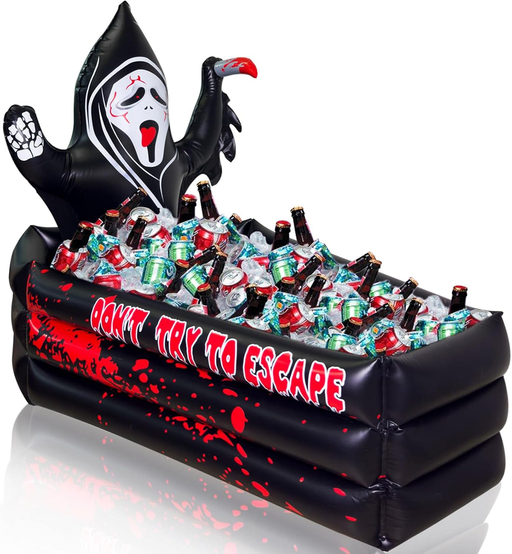 40 Inch Halloween Party Decorations Inflatable Cooler, 100+ Cans Halloween Party Supplies Large Capacity Scary Coffin Ghost Ice Bucket for Drink Beverage Holder, Halloween Decor for Outdoor Indoor