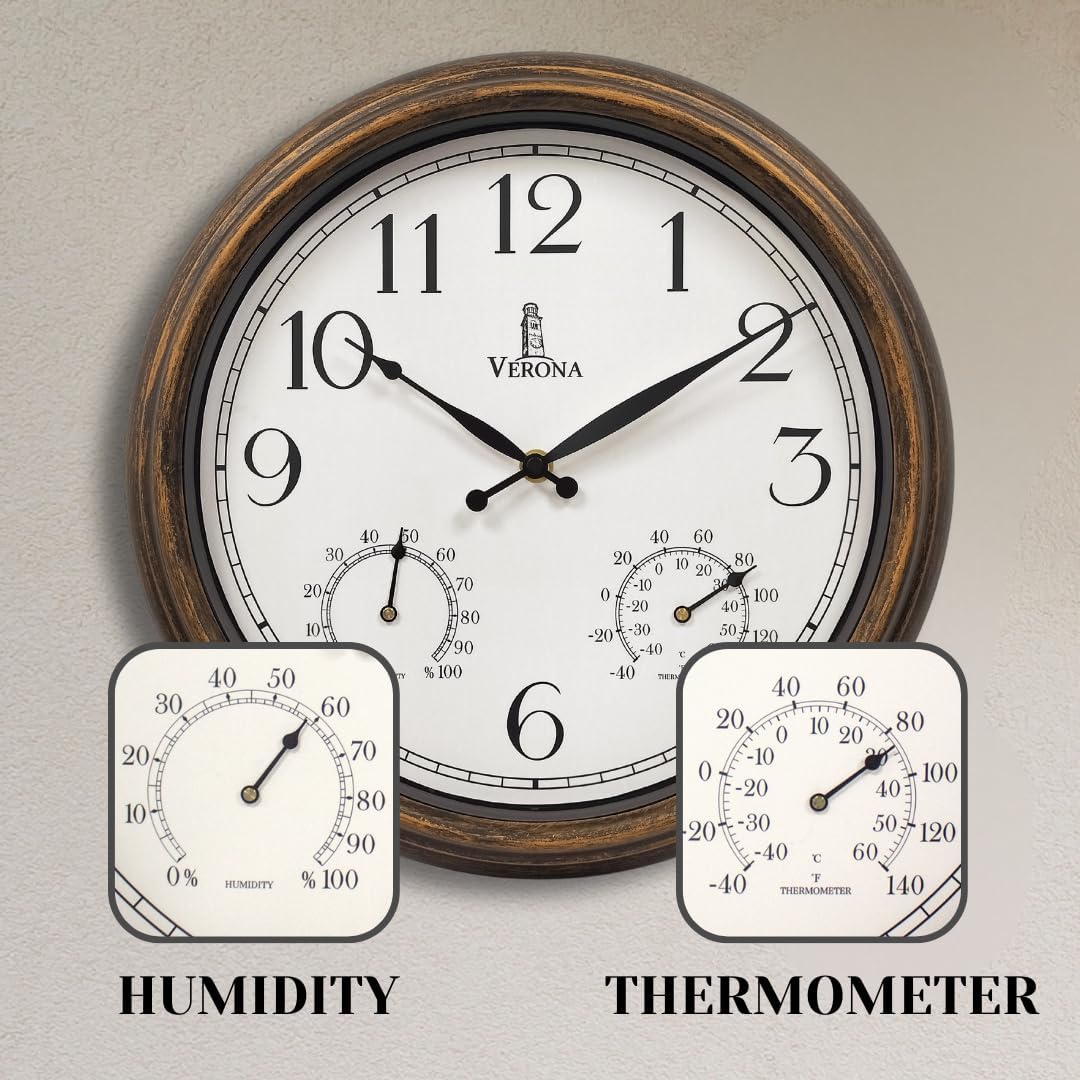 Outdoor Patio Clock - Waterproof Thermometer Combo, 14 Inch, Bronze