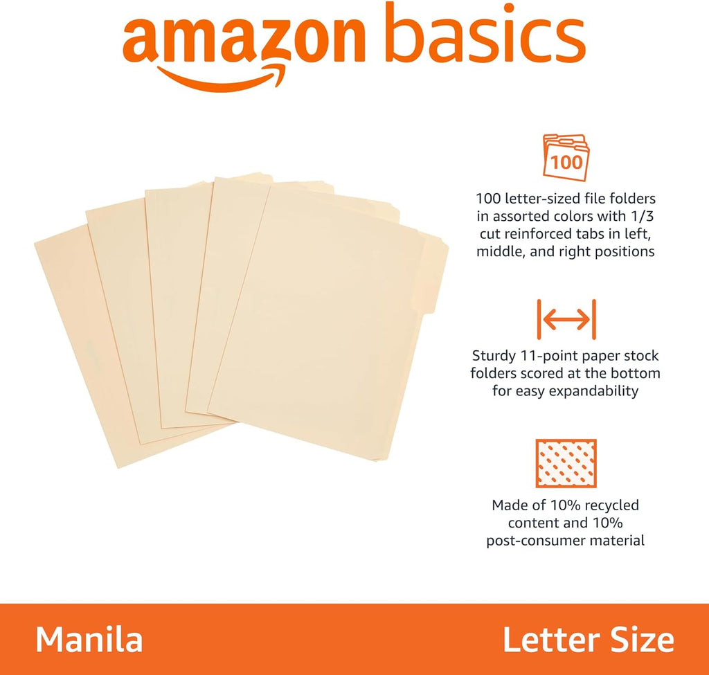 Amazon Basics Sturdy File Folders with Reinforced Tabs for Filing and Organization, 1/3-Cut Tab, Assorted Positions, Letter Size, 8.5x11 inches, Manila, 100-Pack