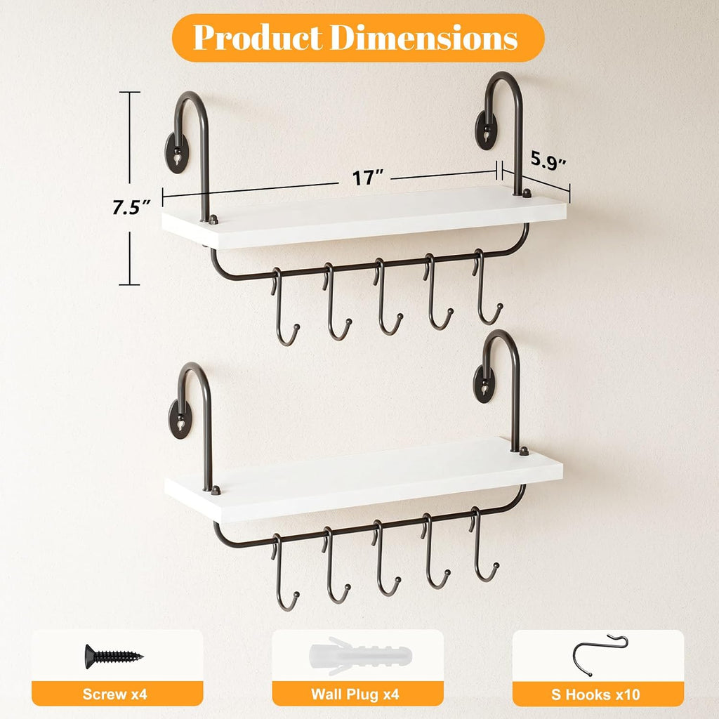 Floating Wall Shelves for Kitchen Bathroom Coffee Nook with 10 Adjustable Hooks for Mugs Cooking Utensils or Towel Rustic Storage Shelves Set of 2/17x5.9 inch (White)