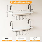 Floating Wall Shelves for Kitchen Bathroom Coffee Nook with 10 Adjustable Hooks for Mugs Cooking Utensils or Towel Rustic Storage Shelves Set of 2/17x5.9 inch (White)