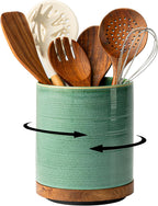 Utensil Holder, 360° Rotating Extra Large Ceramic Kitchen Utensil Holder for Countertop, Cooking Utensil Crocks for Counter with Rotatable Wooden Base, Farmhouse Kitchen Decor, Green