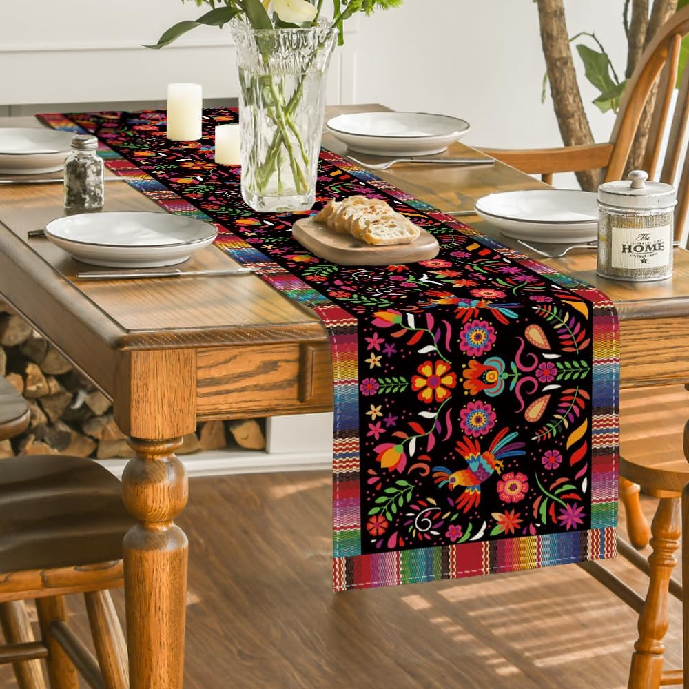 Artoid Mode Bird Dia De Los Muertos Serape Mexican Fiesta Table Runner, Cinco De Mayo Day of The Dead Kitchen Dining Table Decoration for Home Party Decor 13x120 Inch