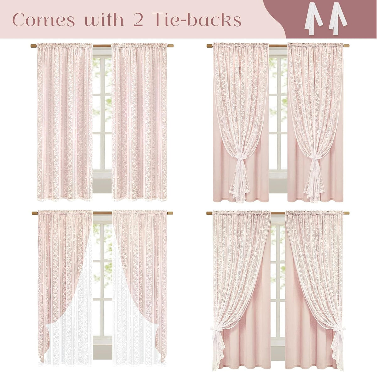 ASPMIZ Linen Pink Curtains for Bedroom, Double Layered Curtain 84 Inch Length 2 Panels Set, Farmhouse Rod Pocket Curtains & Drapes with Tiebacks, Light Filtering Curtain for Living Room, 52 x 84 Inch
