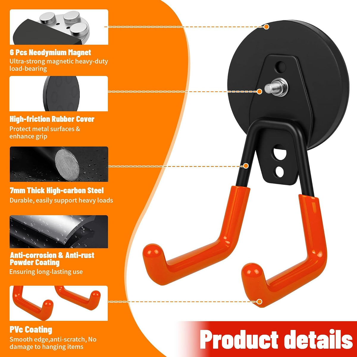 4 Pack Heavy Duty Magnetic Garage Hooks,No Drill Installation and Rubber Coating for Scratch-Free Use,Space Saving Large Utility Hooks for Kitchen,Tools,Pegboard,Workshop (Red 2pcs+Black 2pcs)
