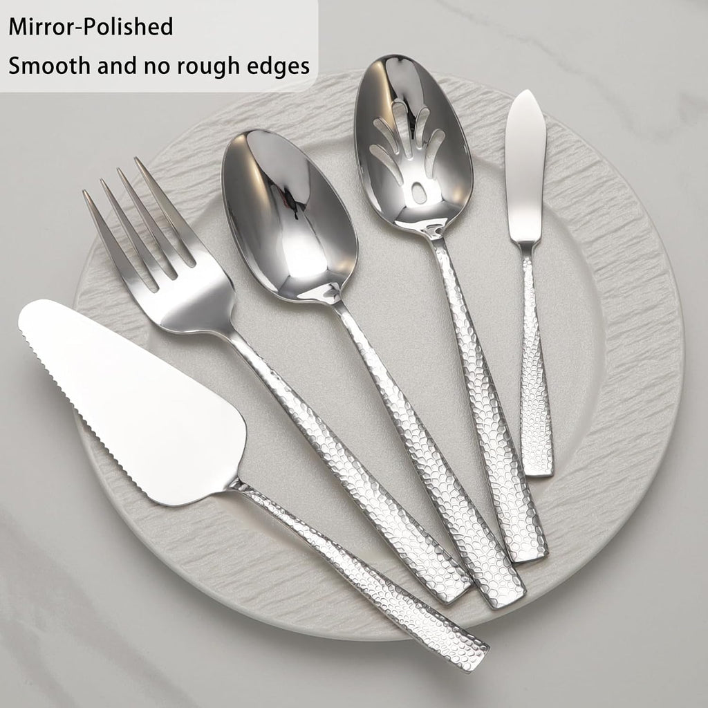 Serving Utensils Set, Stainless Steel Hammered Serving Set
