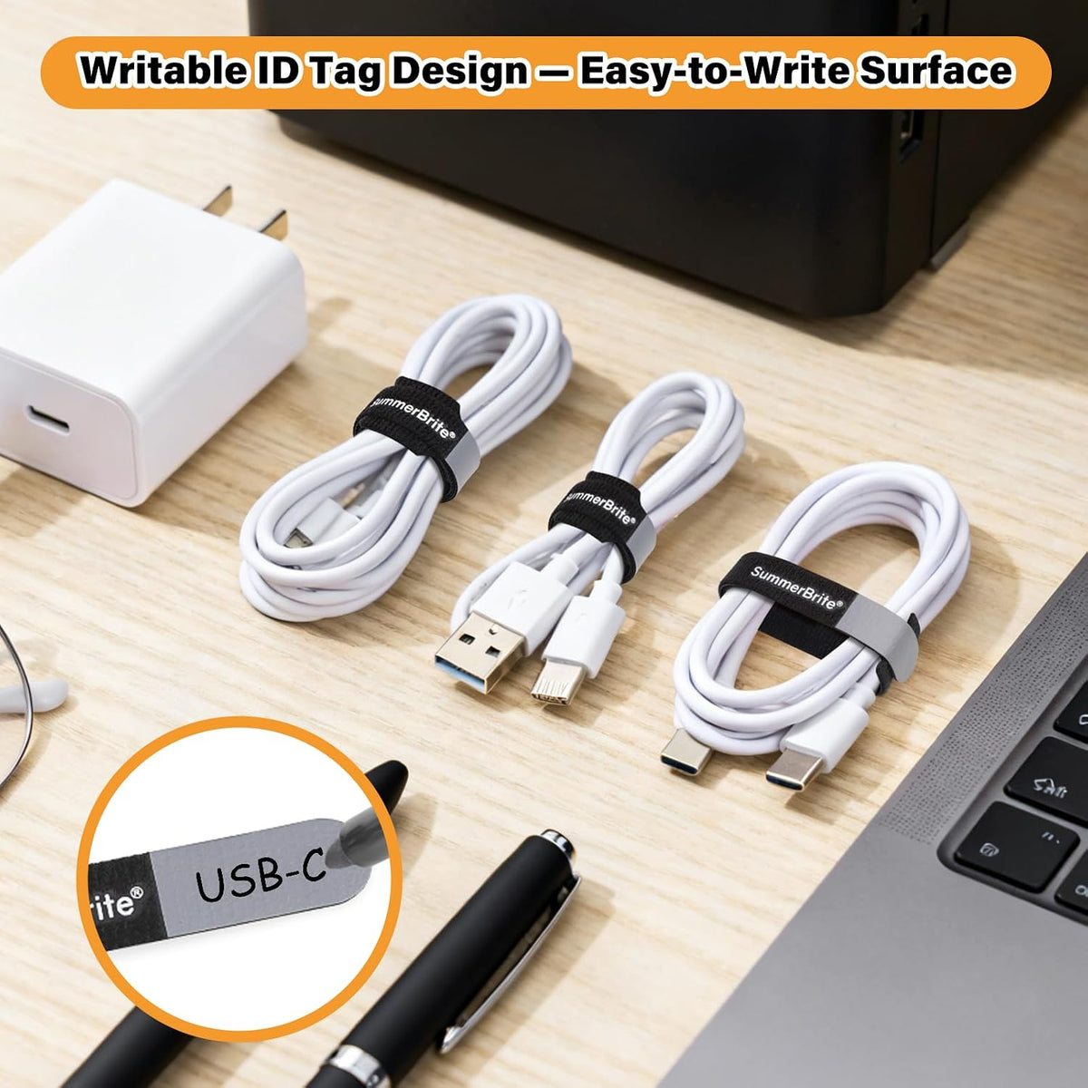 Cable Ties with Writable Labels, Cord Management, Black, 70 PCS, 8 IN