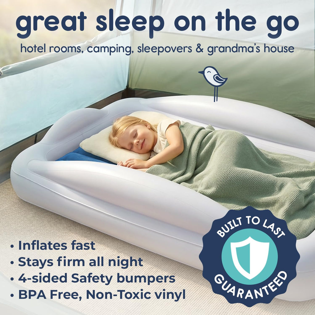 Hiccapop Inflatable Toddler Bed with Safety Bumpers, Kids Travel Bed, Blue