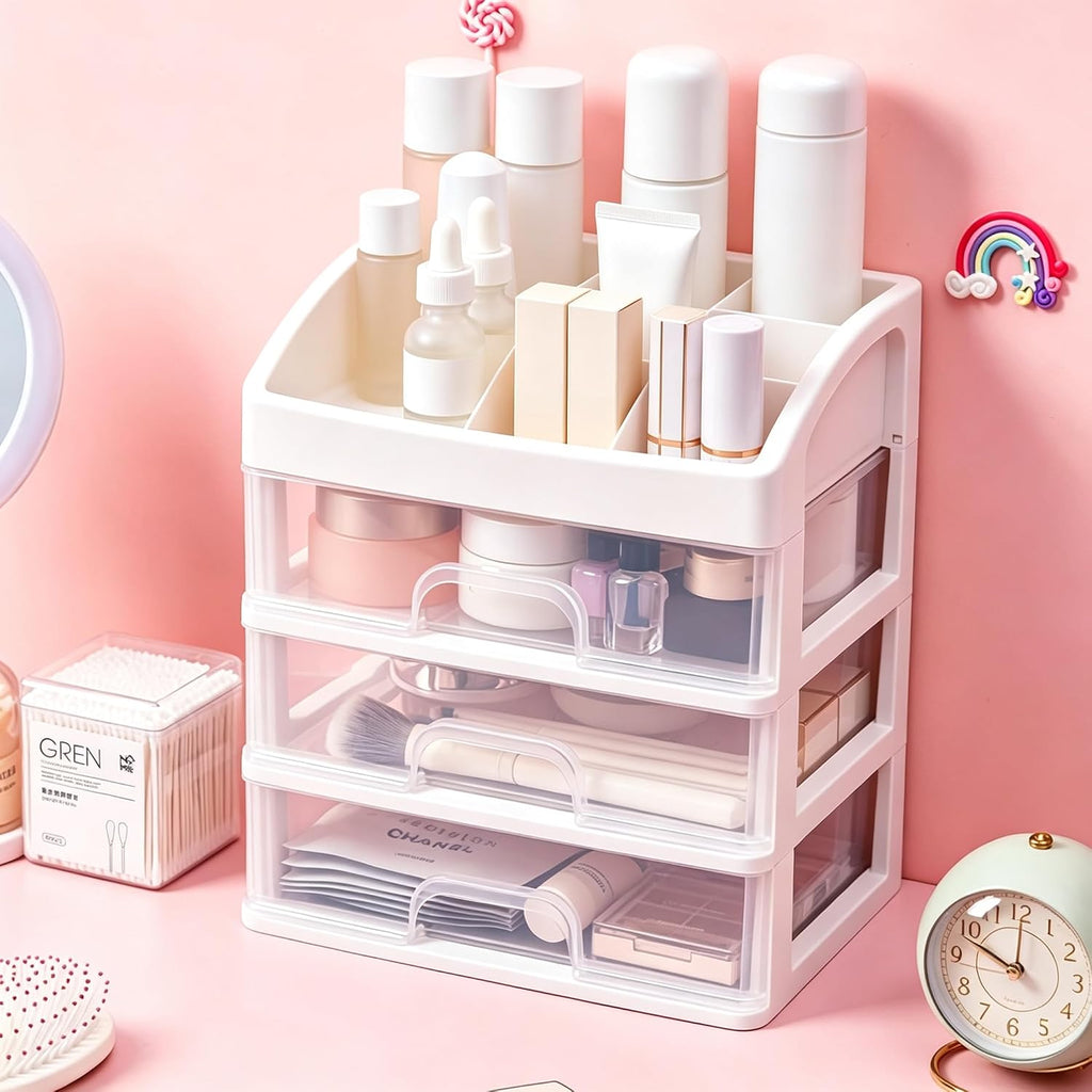 Makeup Organizer with 3 Drawers Plastic Storage for Vanity Cosmetic Display Cases Large Capacity Bathroom Countertop Plastic Storage for Skin Care Products(Arc Type)