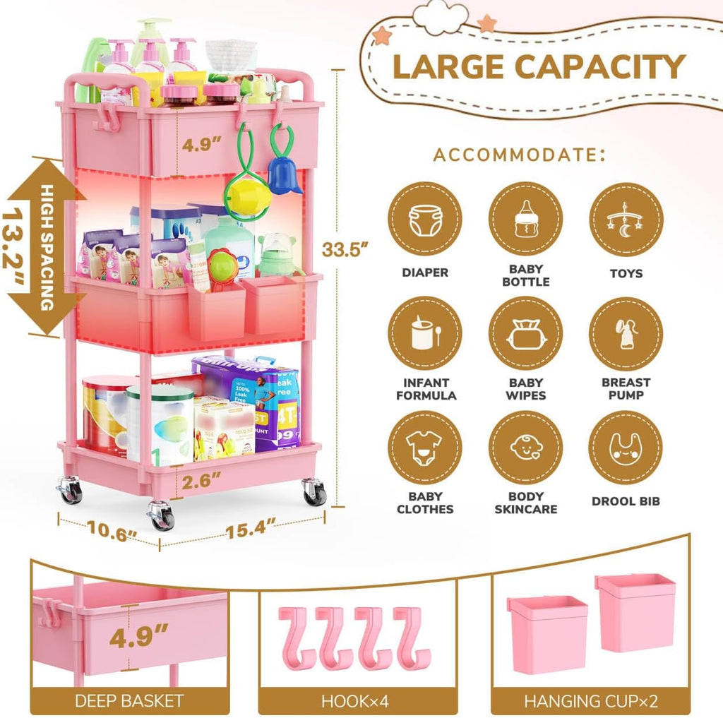 Diaper Cart with Lockable Wheels and Easy Assembly, 3 Tier Pink