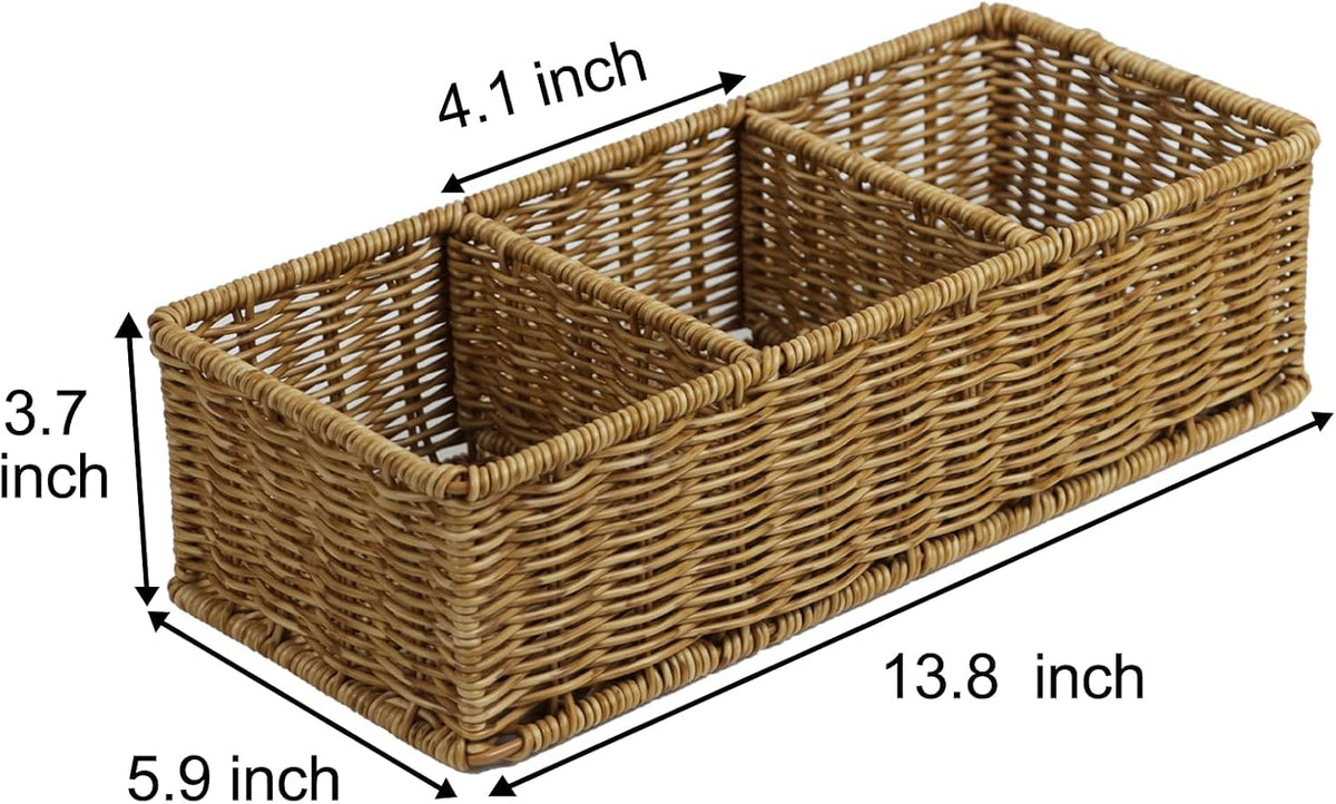 Waterproof Wicker Bathroom Basket with 3 Compartments, Light Brown