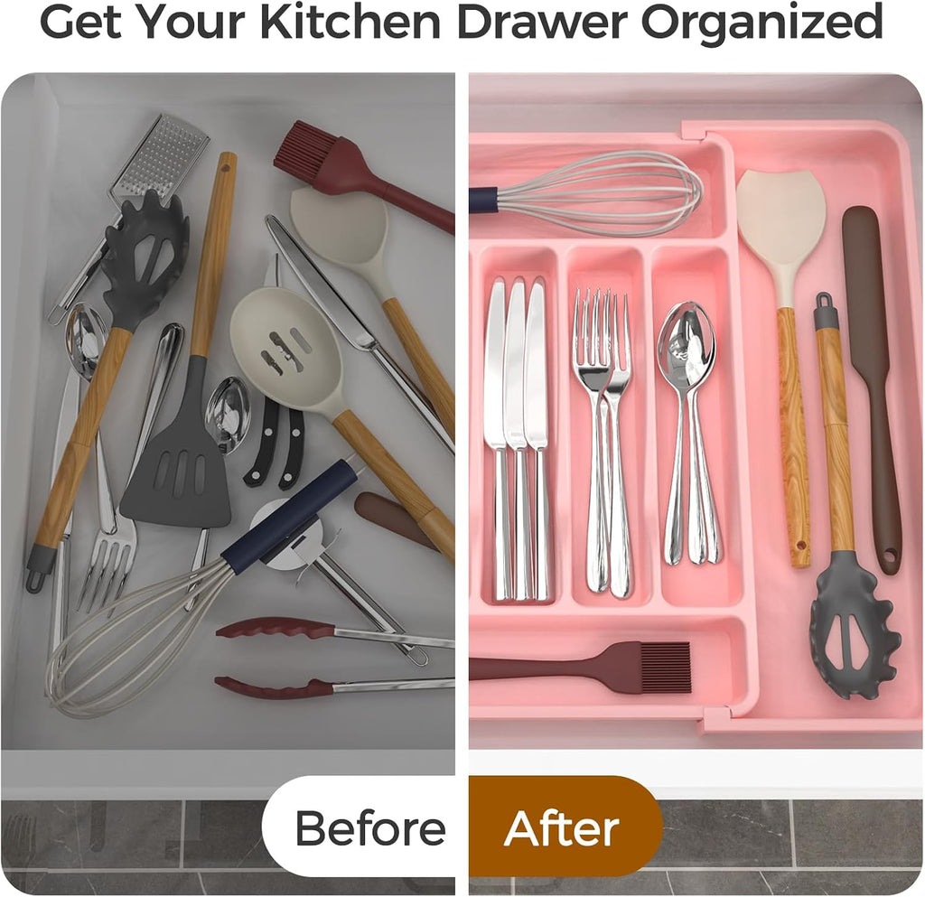 ukeetap Extra Large Expandable Silverware Organizer, Flatware Tray, Pink