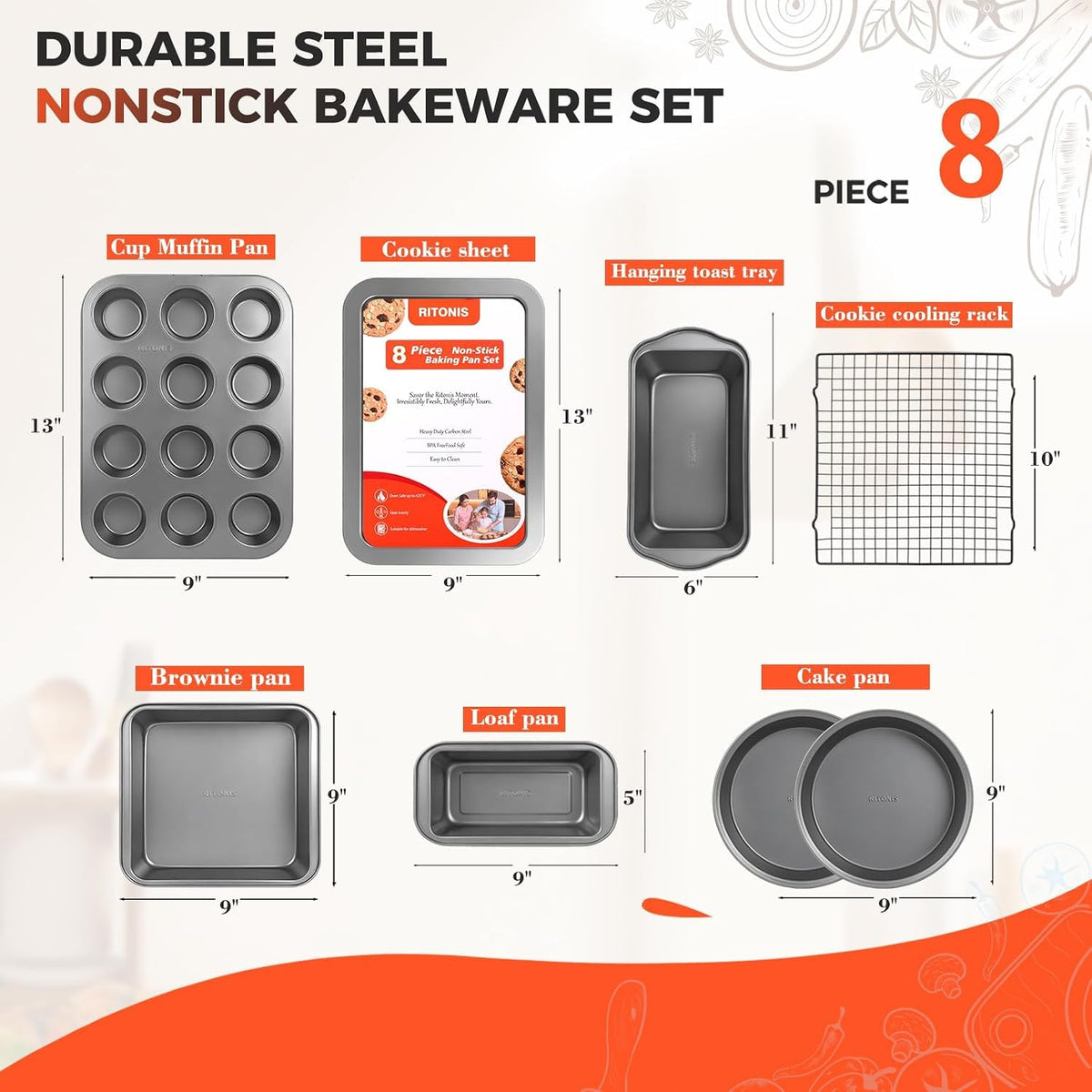 Non-Toxic Baking Pans Set, 8-Piece Nonstick Bakeware Sets