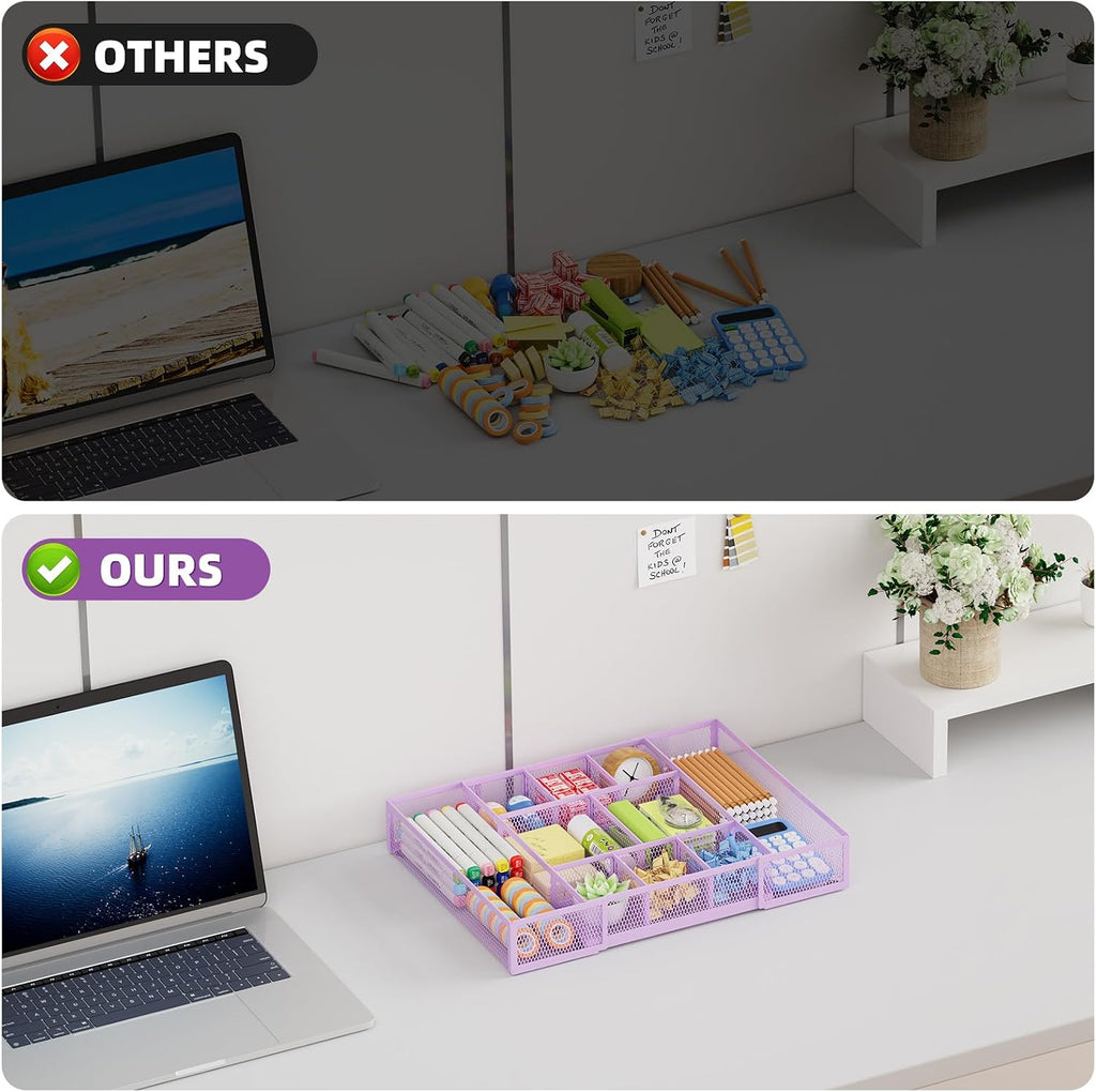 Marbrasse Expandable Desk Drawer Organizer, Mesh Drawer Organizer Tray with 10 Adjustable Compartments, Desk Organizers and Accessories for Office Supplies, Makeup & Vanity (Expandable-Purple)