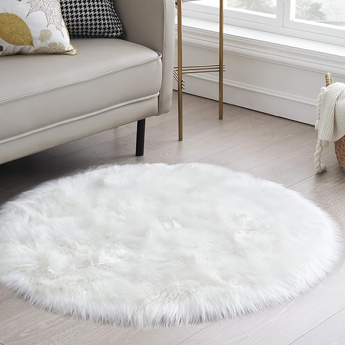 White Fluffy Round Fur Area Rug - Image 2
