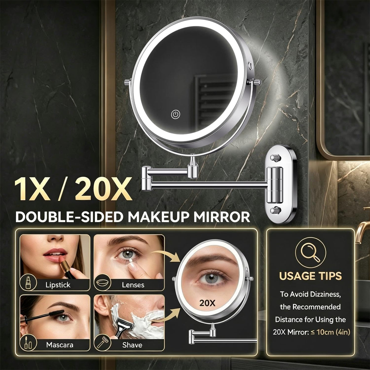 Auxmir 1X/20X Wall Mounted Makeup Mirror, 8" Rechargeable Magnifying Mirror