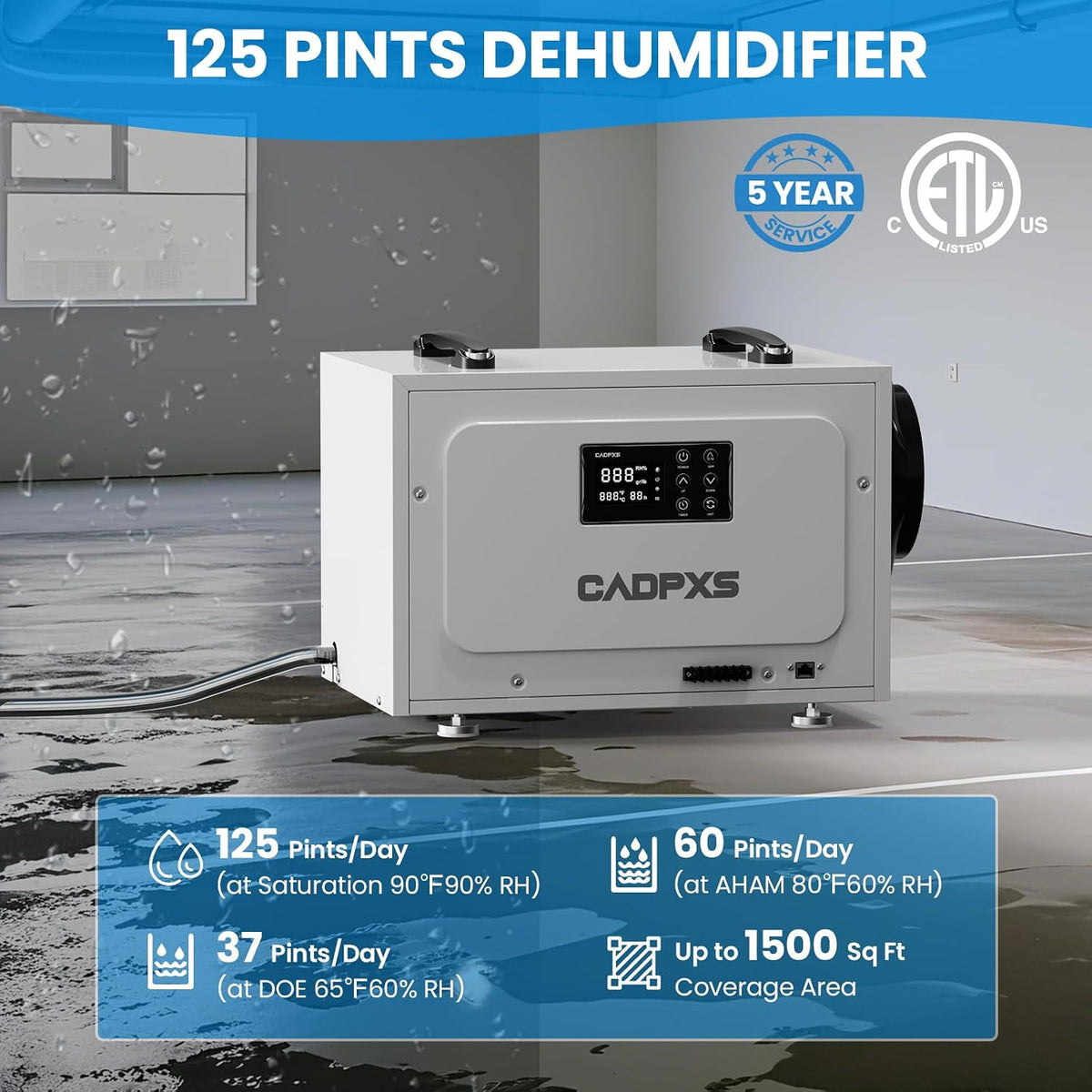 CADPXS 125 Pints Crawl Space Dehumidifier, Commercial Dehu with Drain Hose