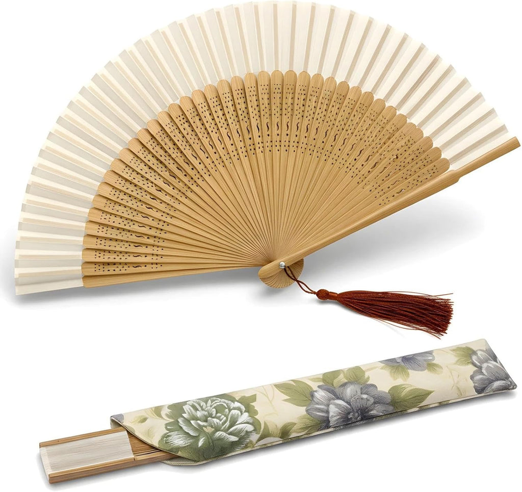 Lysa Hand Fan for Women Foldable - Portable Folding Japanese Chinese Fan - for Hot Flashes, Summer Cooling, Festivals, Church, Dancing (Bamboo White)