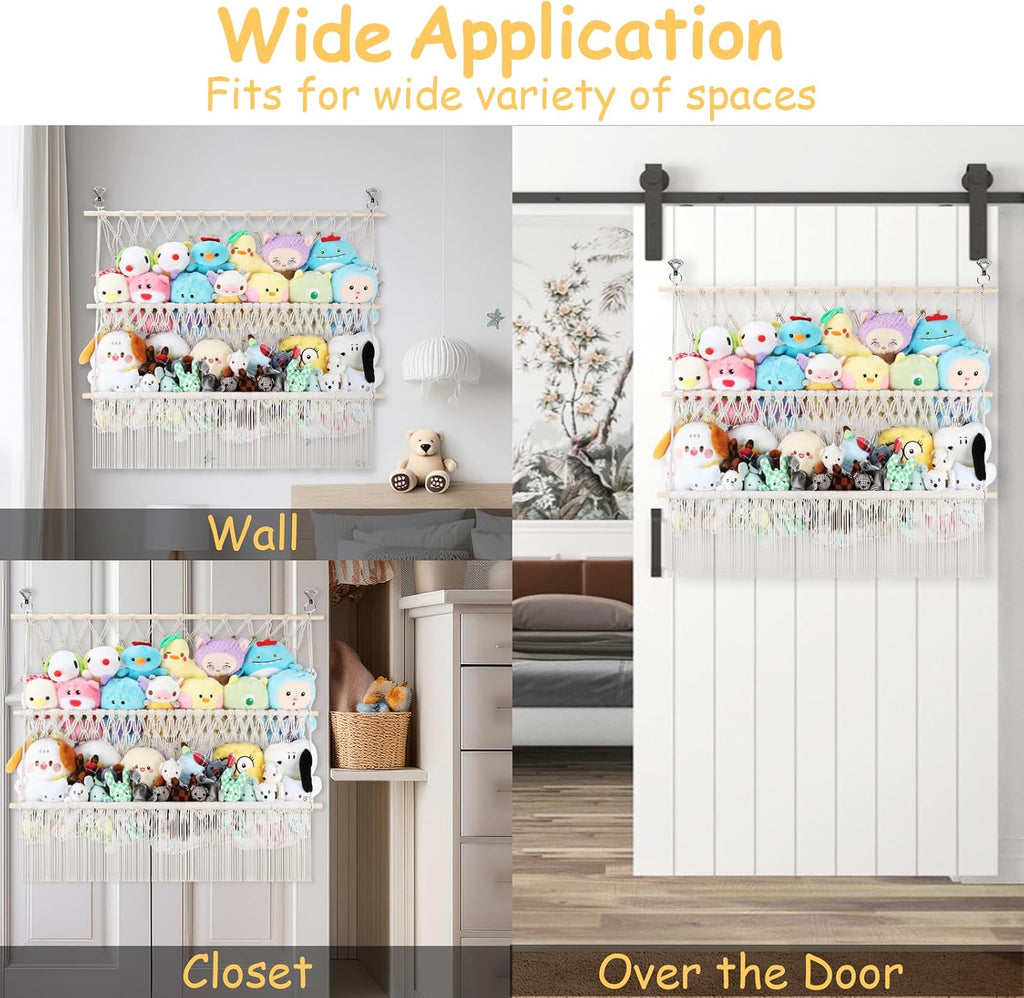 2 Tier Stuffed Animal Storage Shelf Net, 35x30'' Large Plushie Net Beige