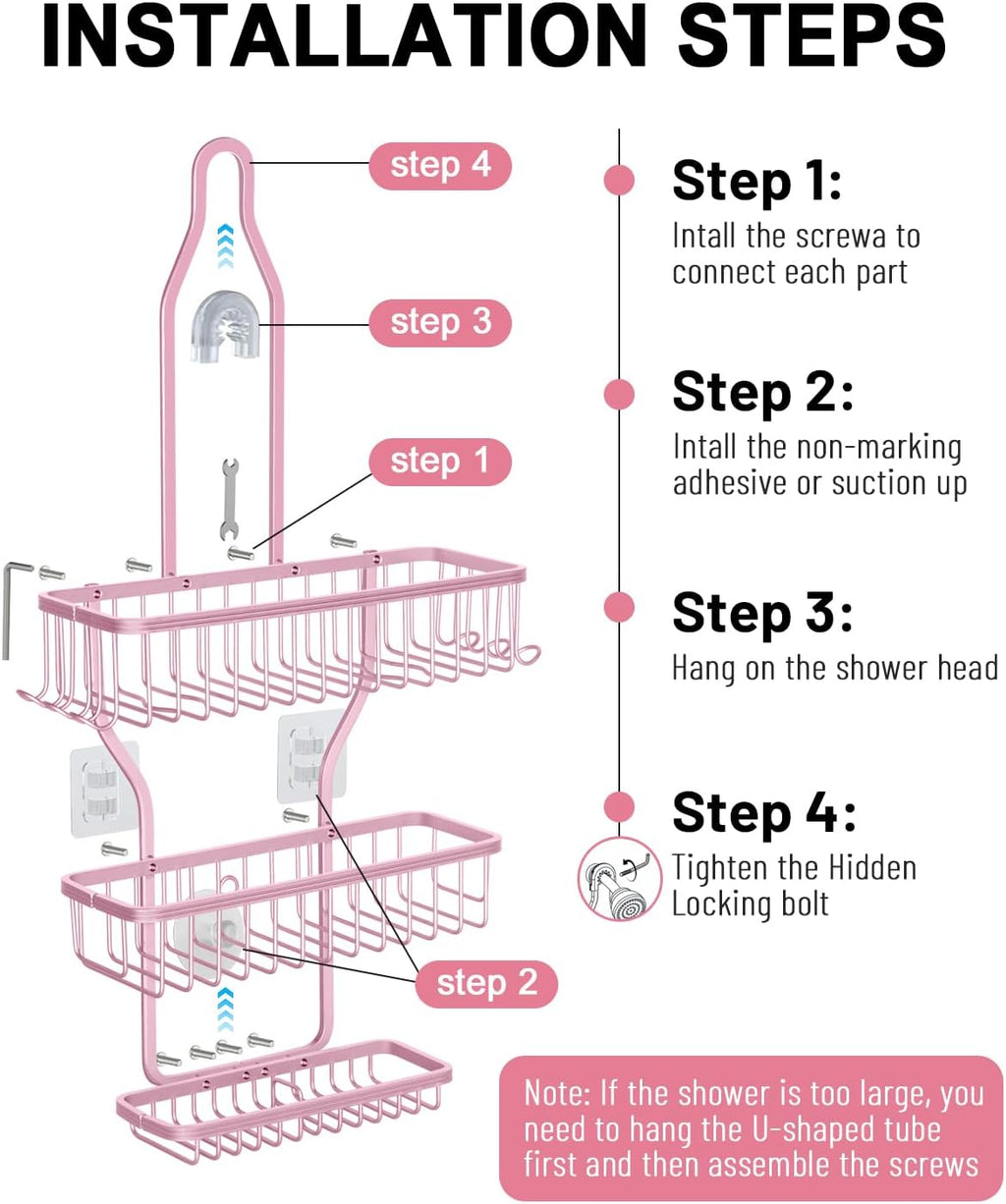 Pink Shower Caddy for Bathroom - Never Rust Hanging Shower Organizer with Soap Basket and Hooks - Large Capacity 3 Tier Aluminum Over The Showerhead Caddy