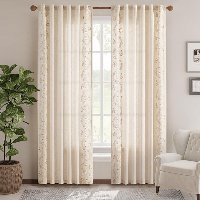 jinchan Belrose Linen Curtains for Bedroom Floral Curtains 84 Inch Length Linen - Image 2