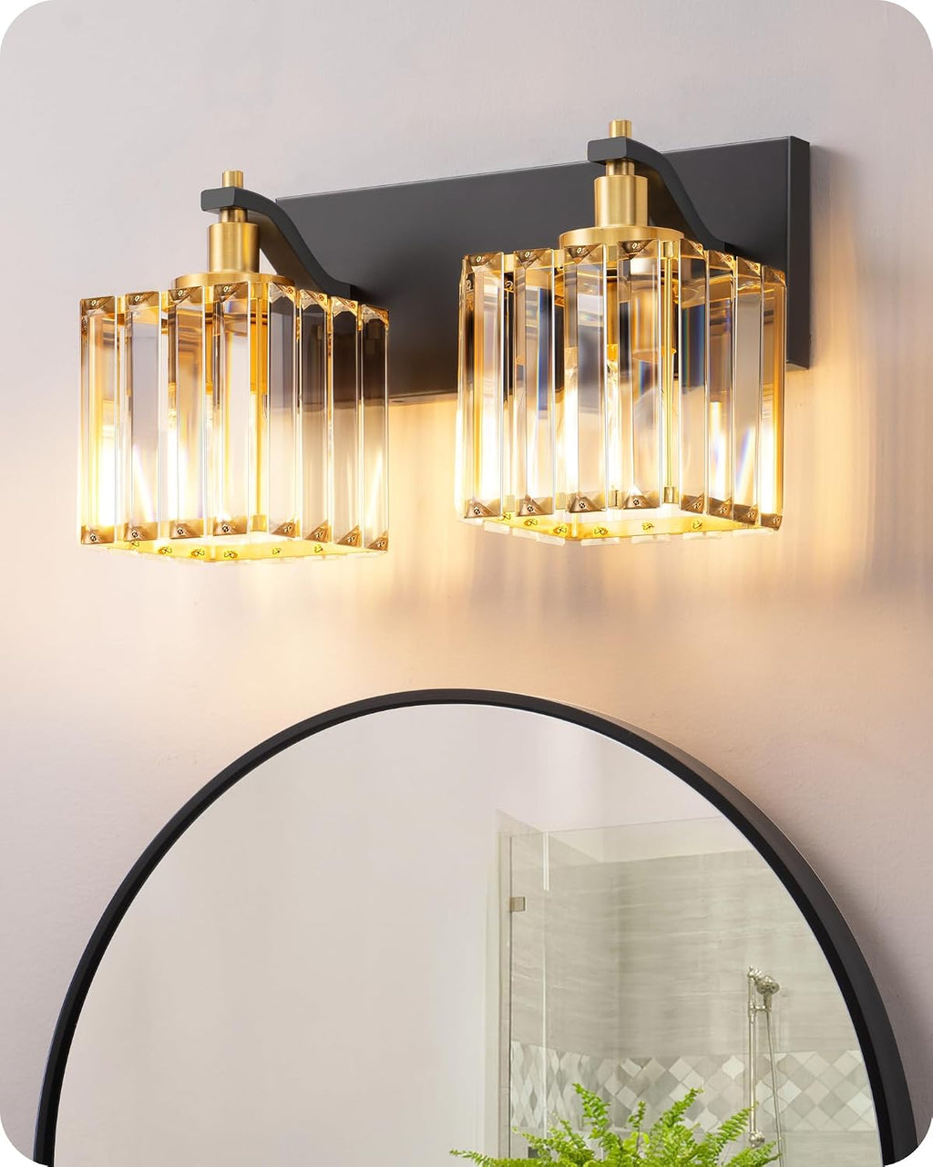 EDISHINE 2-Light Black Gold Bathroom Vanity Light, Crystal Wall Sconce, E26