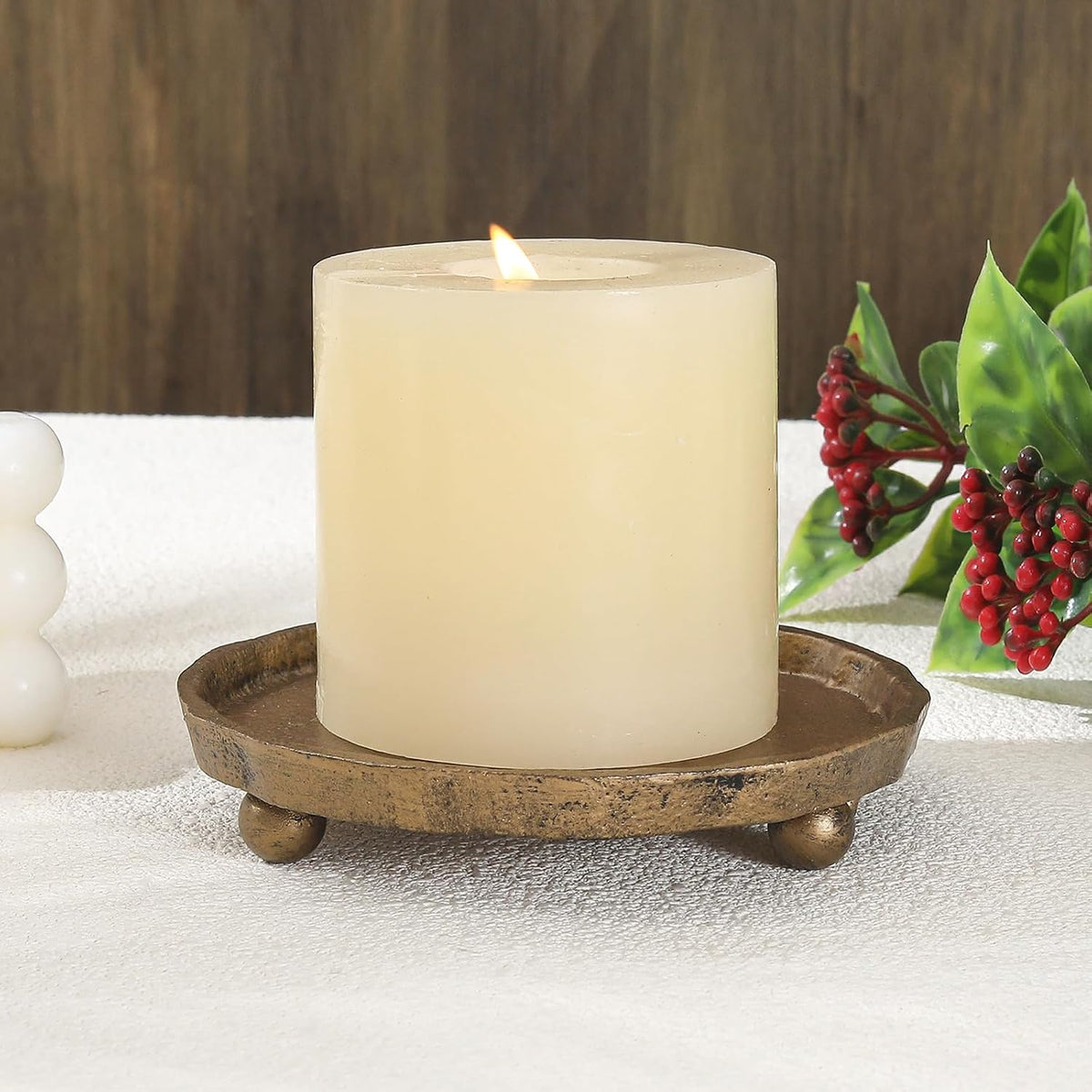 Vintage Cast Iron Pillar Candle Holder Plate, Rustic Brass Candle Tray