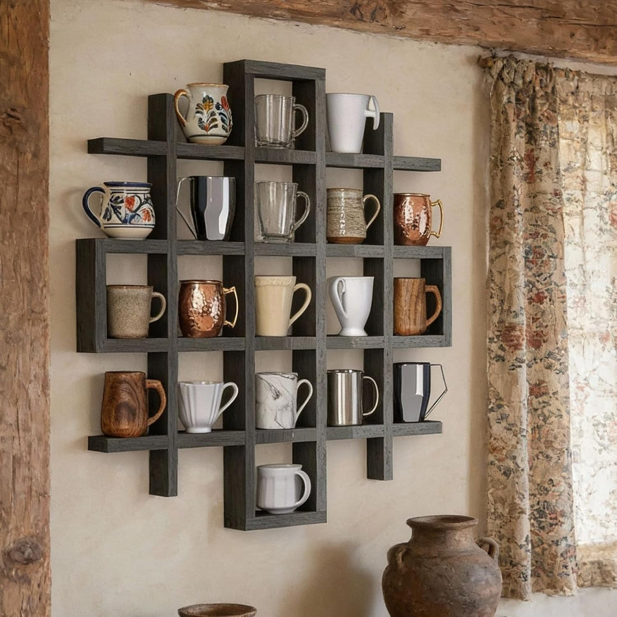 Suzile Mug Display Shelf Wall Mounted,Grid Size 5.1x5.1x3in,Grey