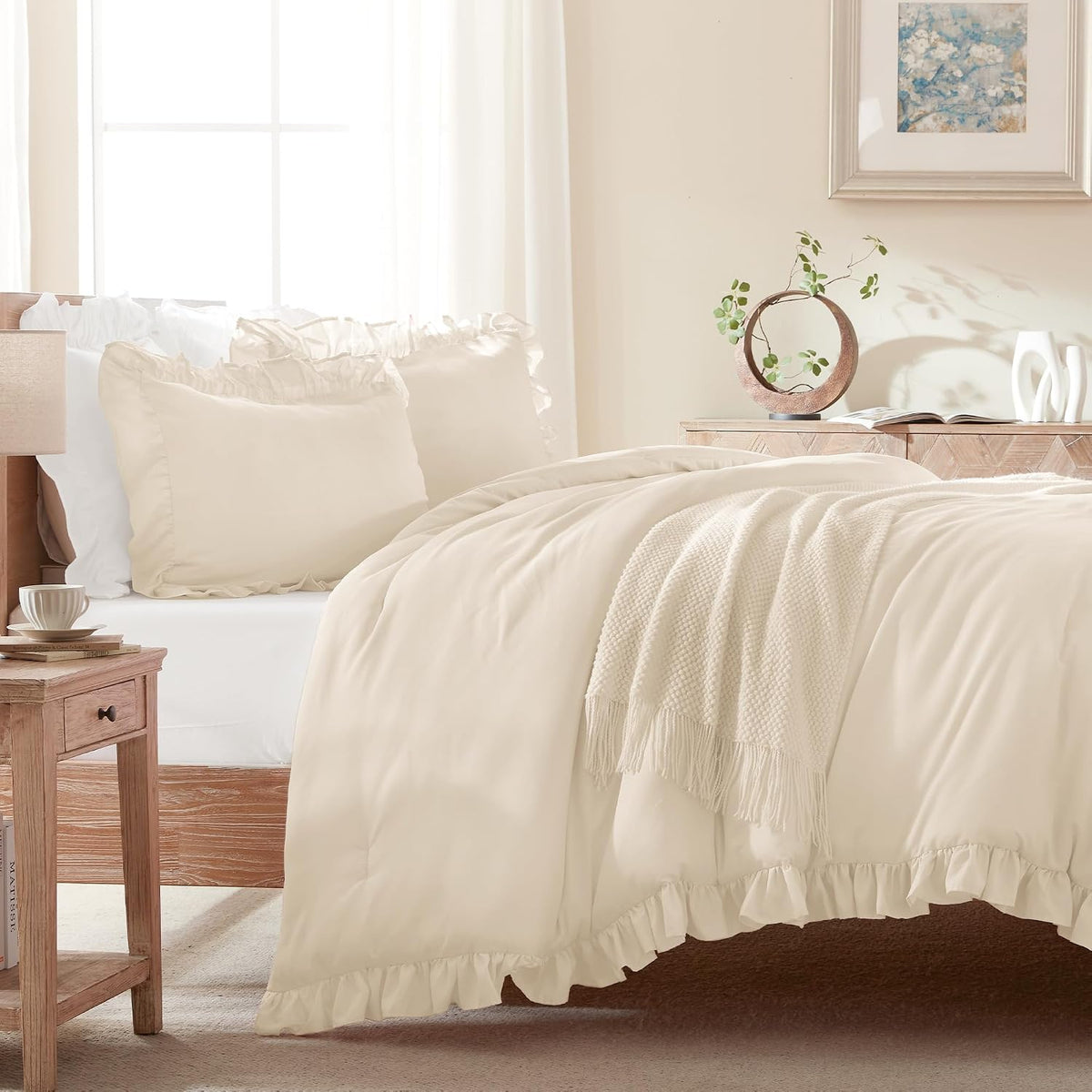 Andency Beige Queen Comforter Set, 3 Pieces Farmhouse Shabby Chic Bedding