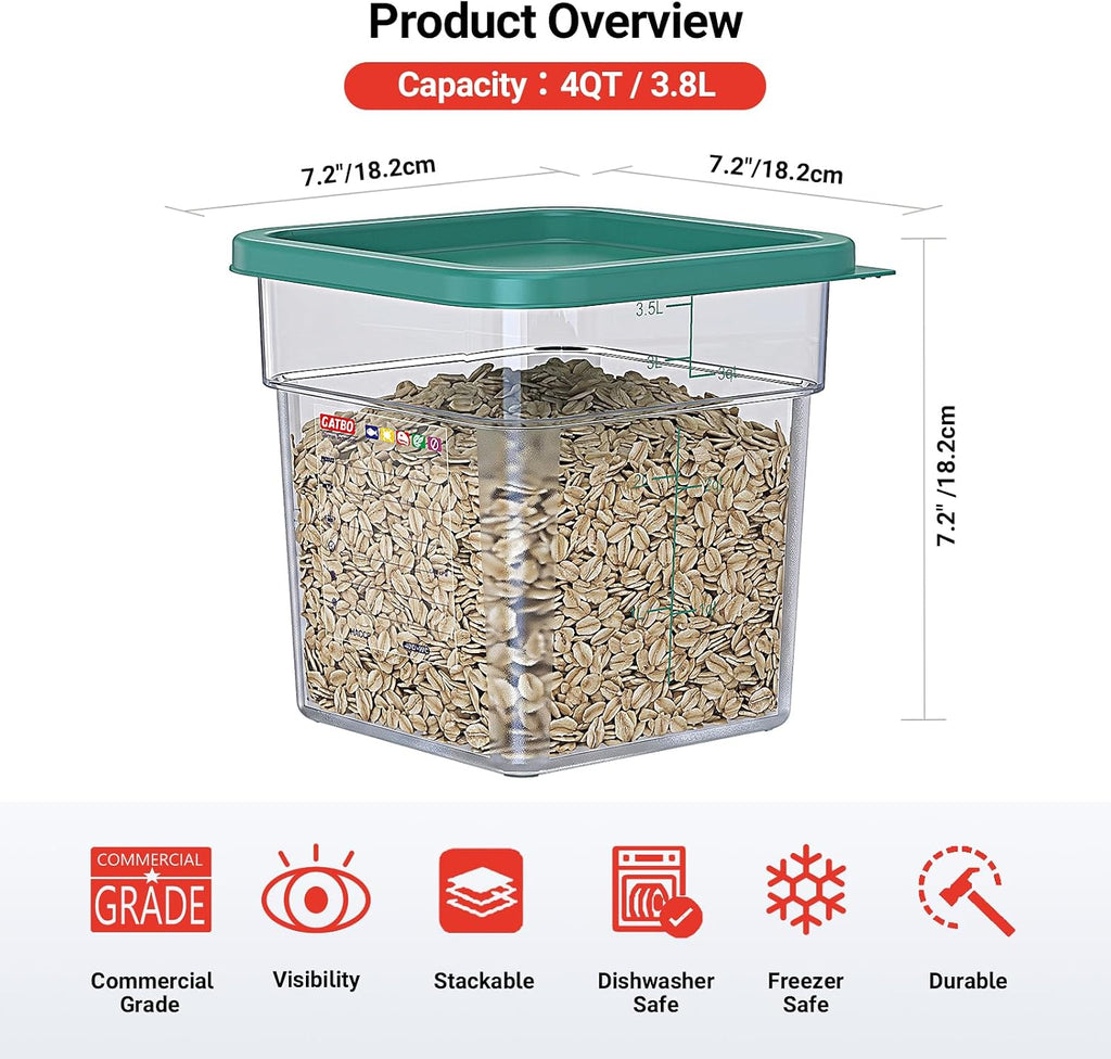 2 Pack 4 QT Commercial Food Storage Containers with Lids, Clear Square Containers for Flour, Rice, Sugar, Pet Food and Dry Ingredients Storage with FIFO Label Area