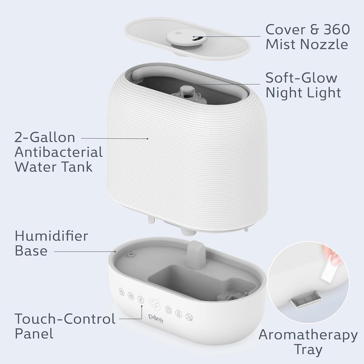Pure Enrichment HUME Sense Warm & Cool Mist Top-Fill Humidifier, 2-Gal Tank, Up to 4.5 Days, Auto Humidity Sensor, 3 Mist Levels, Night Light, Aromatherapy, Sleep Mode & Auto Shut-Off