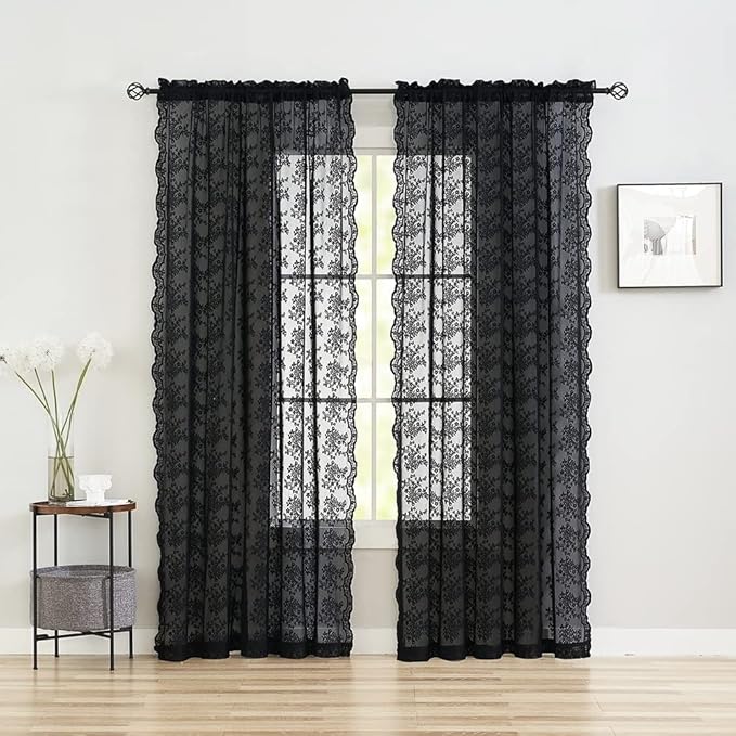 YJ YANJUN Vintage Lace Curtains 84 Inches Long-Victorian Floral Pattern Black - Image 3