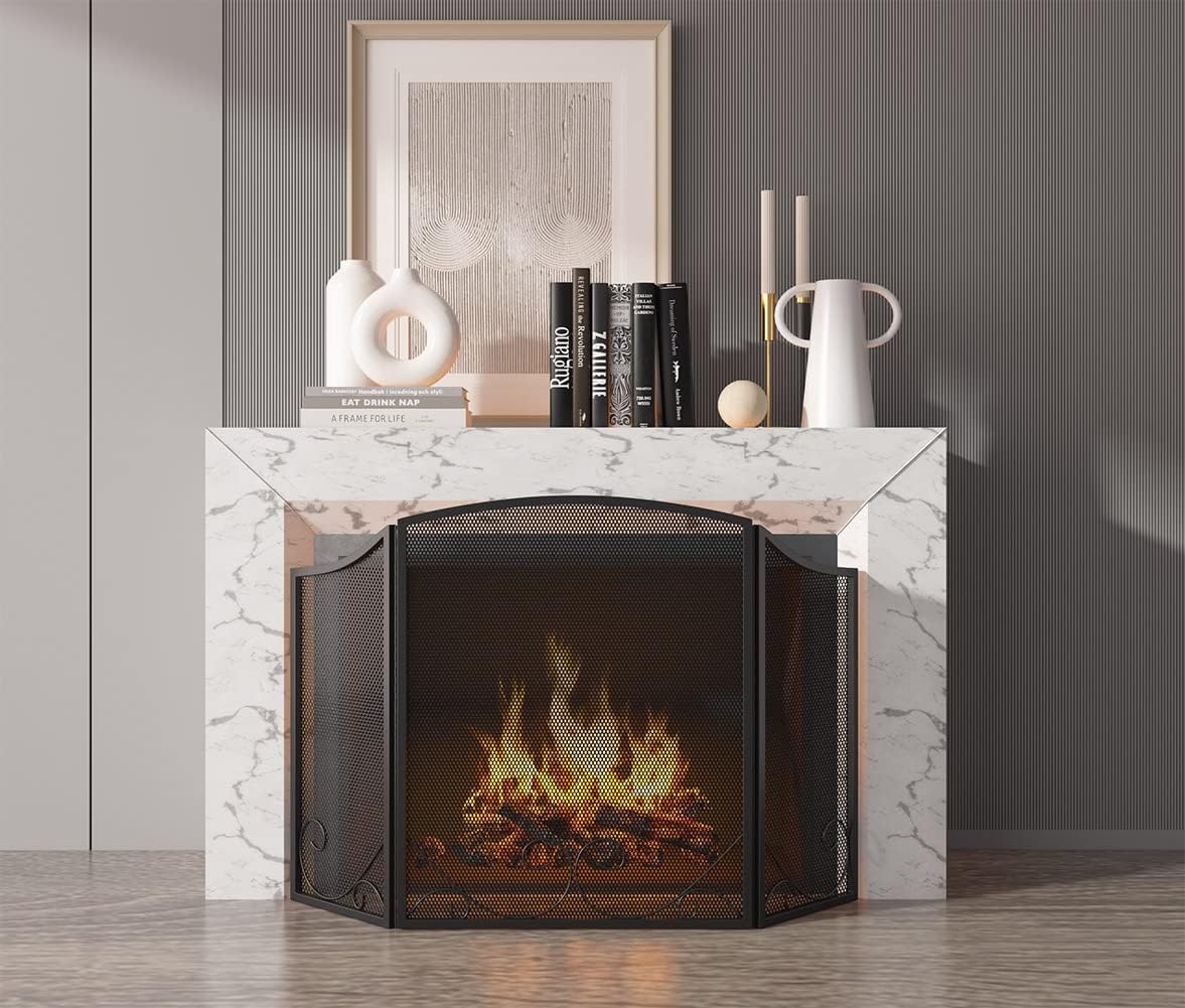 Lizh Metalwork 3-Panel Black Wrought Iron Fireplace Screen,48"(L) x 29"(H) Spark Guard with Scrolling Design,Decorative Hearth Screen