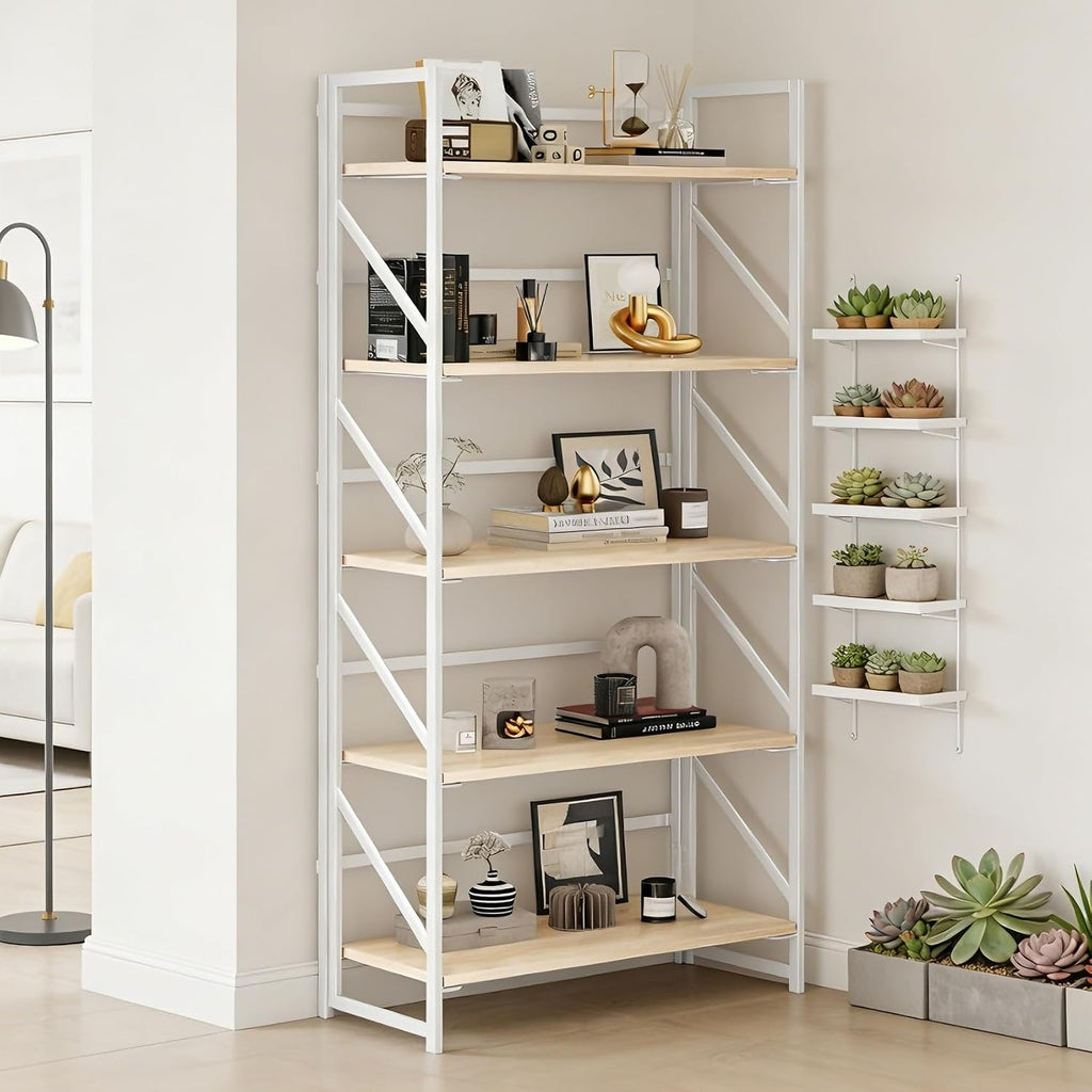 JSB No Assembly Folding Bookshelf, 5 Tier Industrial Metal Book Shelf for Storage, Vintage Wood Foldable Bookcase for Living Room, Bedroom, Office Organization Shelves