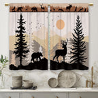Farmhouse Forest Cabin Kitchen Curtains Rustic Wooden Small Short Cafe Window Curtains Tree Country Deer Bear Rod Pocket Bathroom Window Drapes Treatment Tier Curtains 2 Panels (26x24 Inch)