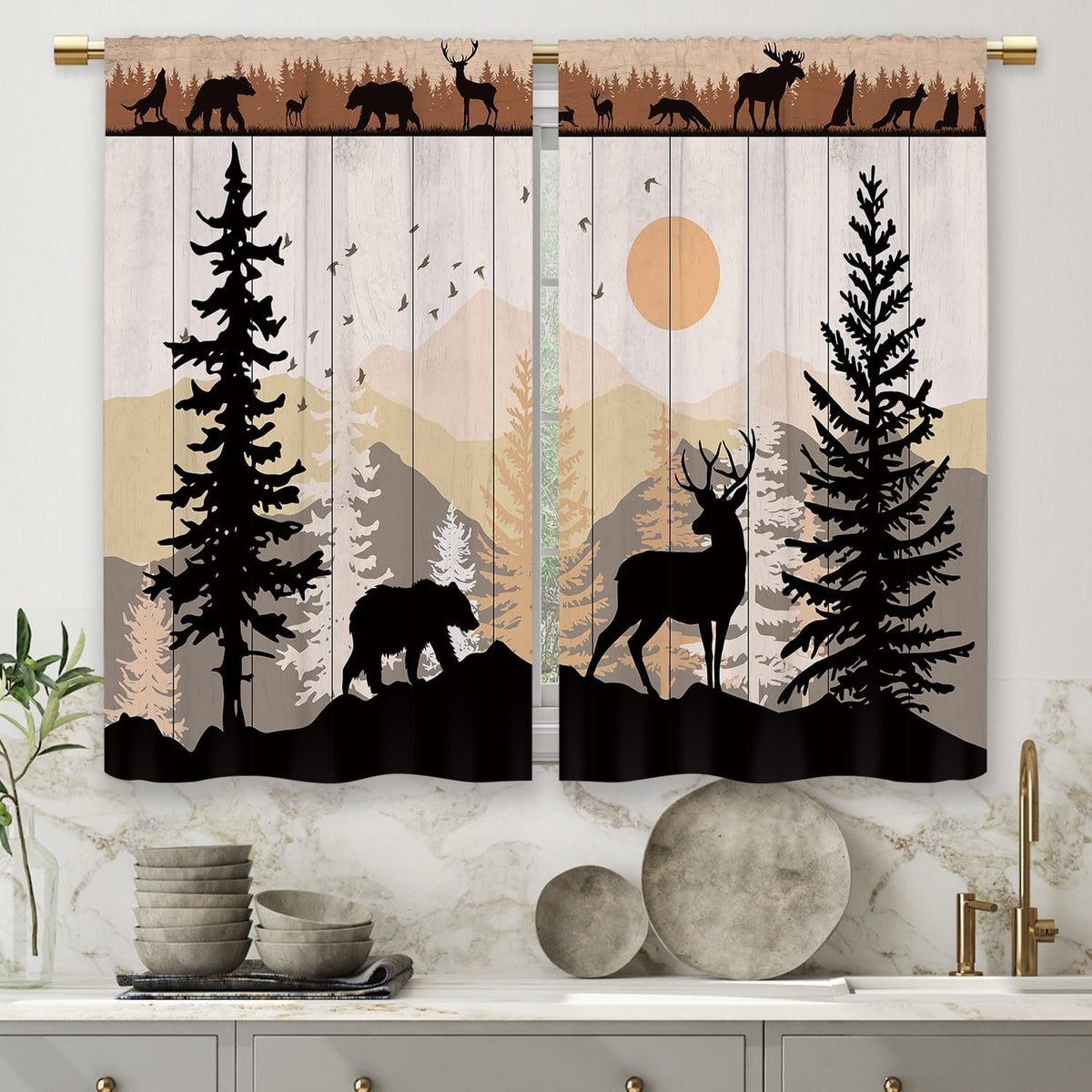 Farmhouse Forest Cabin Kitchen Curtains Rustic Wooden Small Short Cafe Window Curtains Tree Country Deer Bear Rod Pocket Bathroom Window Drapes Treatment Tier Curtains 2 Panels (26x24 Inch)