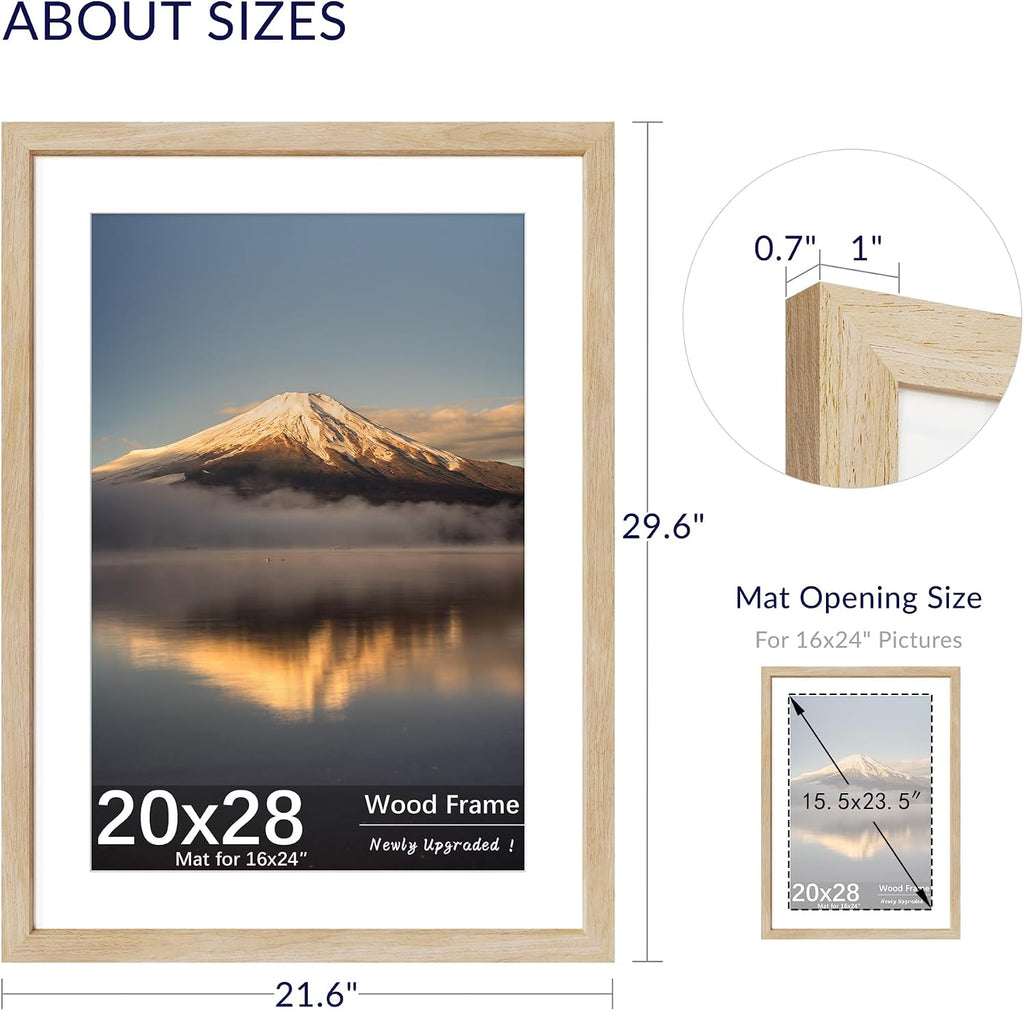 20x28 Poster Frame, Natural Oak Wood Frame with 16x24 Mat, 3 Pack