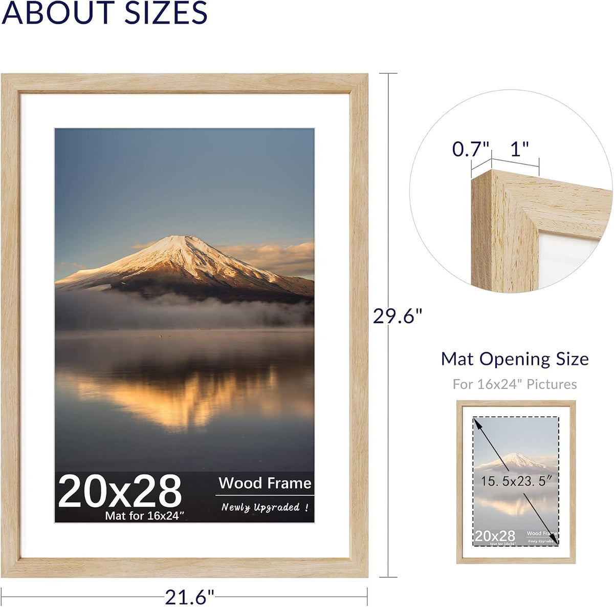 20x28 Poster Frame, Natural Oak Wood Frame with 16x24 Mat, 3 Pack