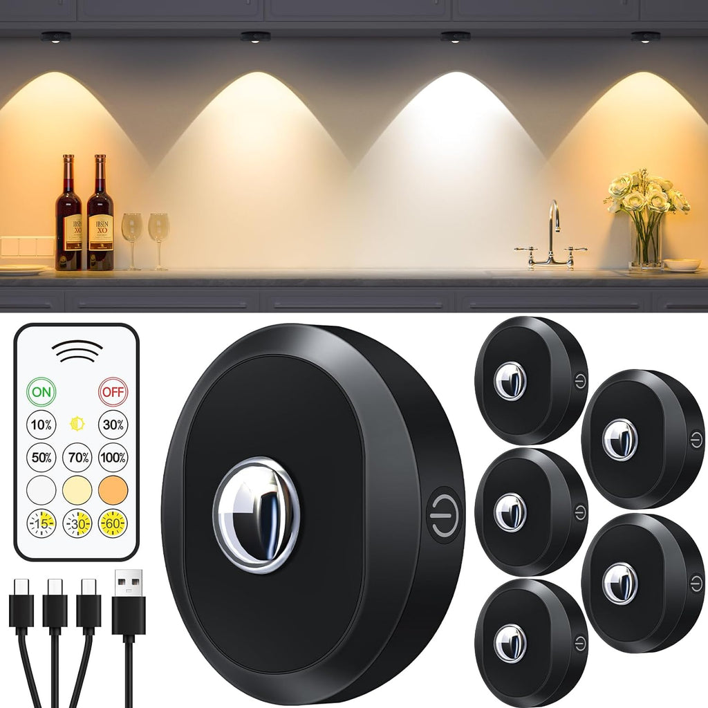 WILLED Puck Lights with Remote Control, Rechargeable Under Cabinet Lights, 1200mAh Battery Operated Tap Lights, Dimmable Push Lighting, Wireless Closet Light, LED USB Stick On Light (6 Pack)