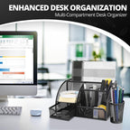 Flexzion Desk Caddy Organizer Set (Black) - Metal Mesh Desktop Caddy with Drawers, 6 Compartments, and Pencil Holder for Women & Men - Desktop Organizer and Storage for Work or Office Supplies
