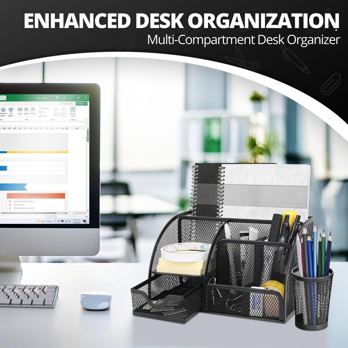 Flexzion Desk Caddy Organizer Set (Black) - Metal Mesh Desktop Caddy with Drawers, 6 Compartments, and Pencil Holder for Women & Men - Desktop Organizer and Storage for Work or Office Supplies
