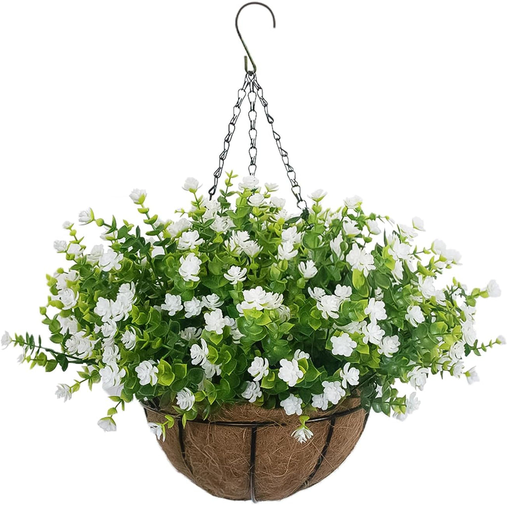 White Artificial Flowers for Hanging Baskets Outdoor, Faux Plant Decor