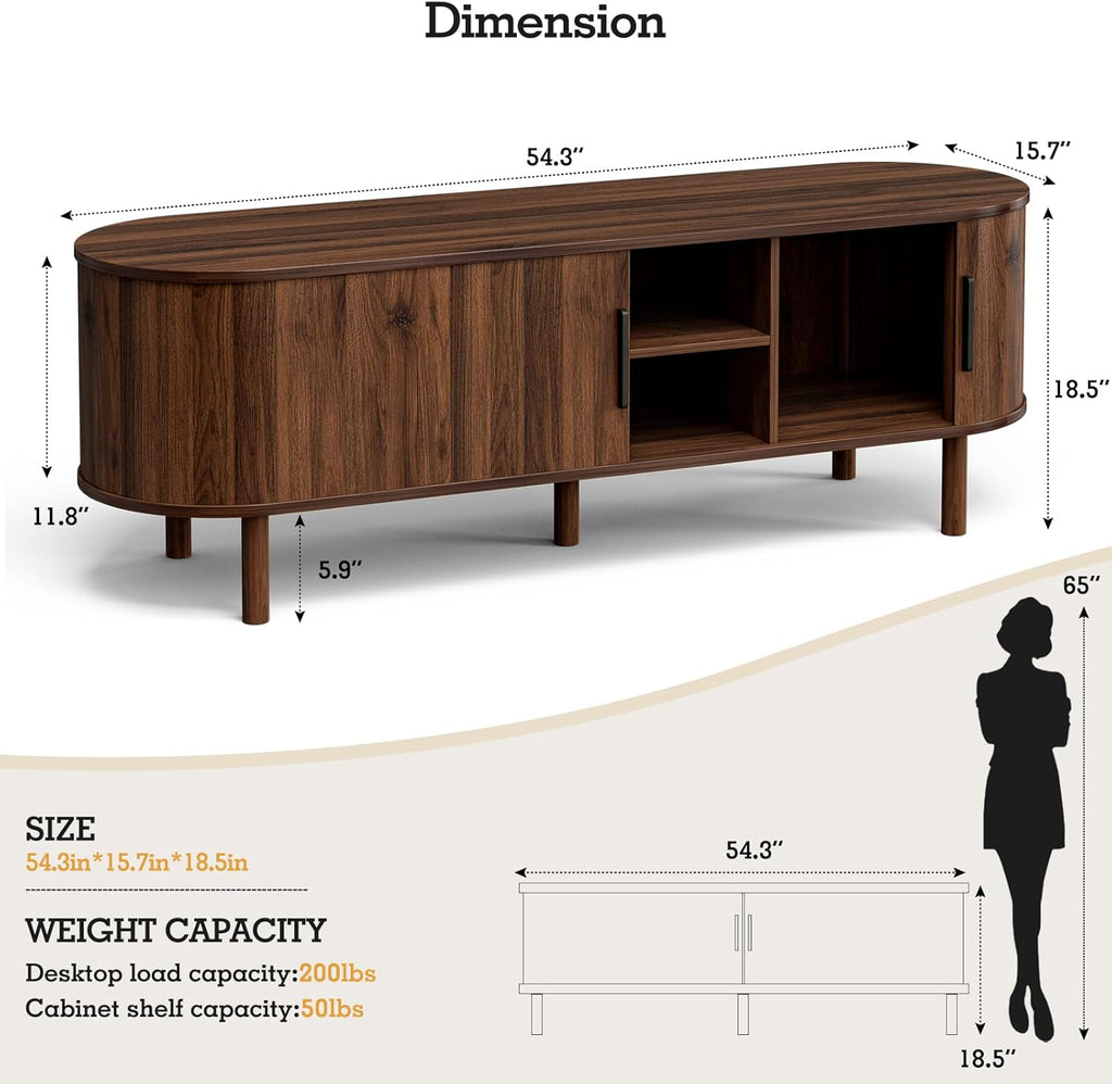 ZttRiee TV Stand with Sliding Doors for TVs up to 60", Mid-Century, Walnut