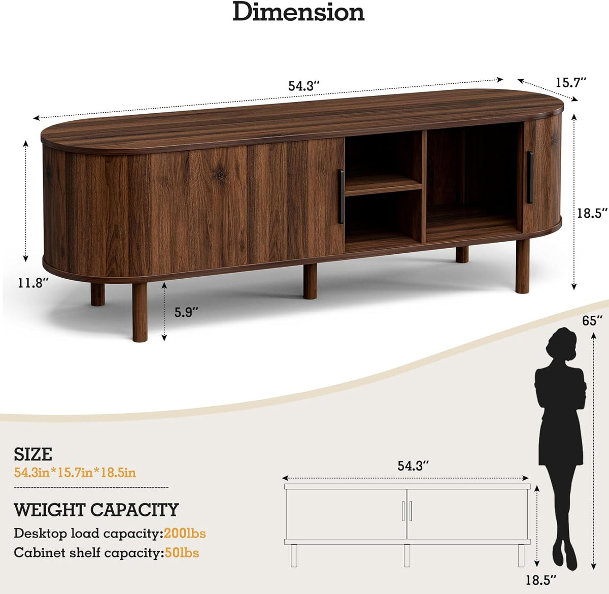 ZttRiee TV Stand with Sliding Doors for TVs up to 60", Mid-Century, Walnut