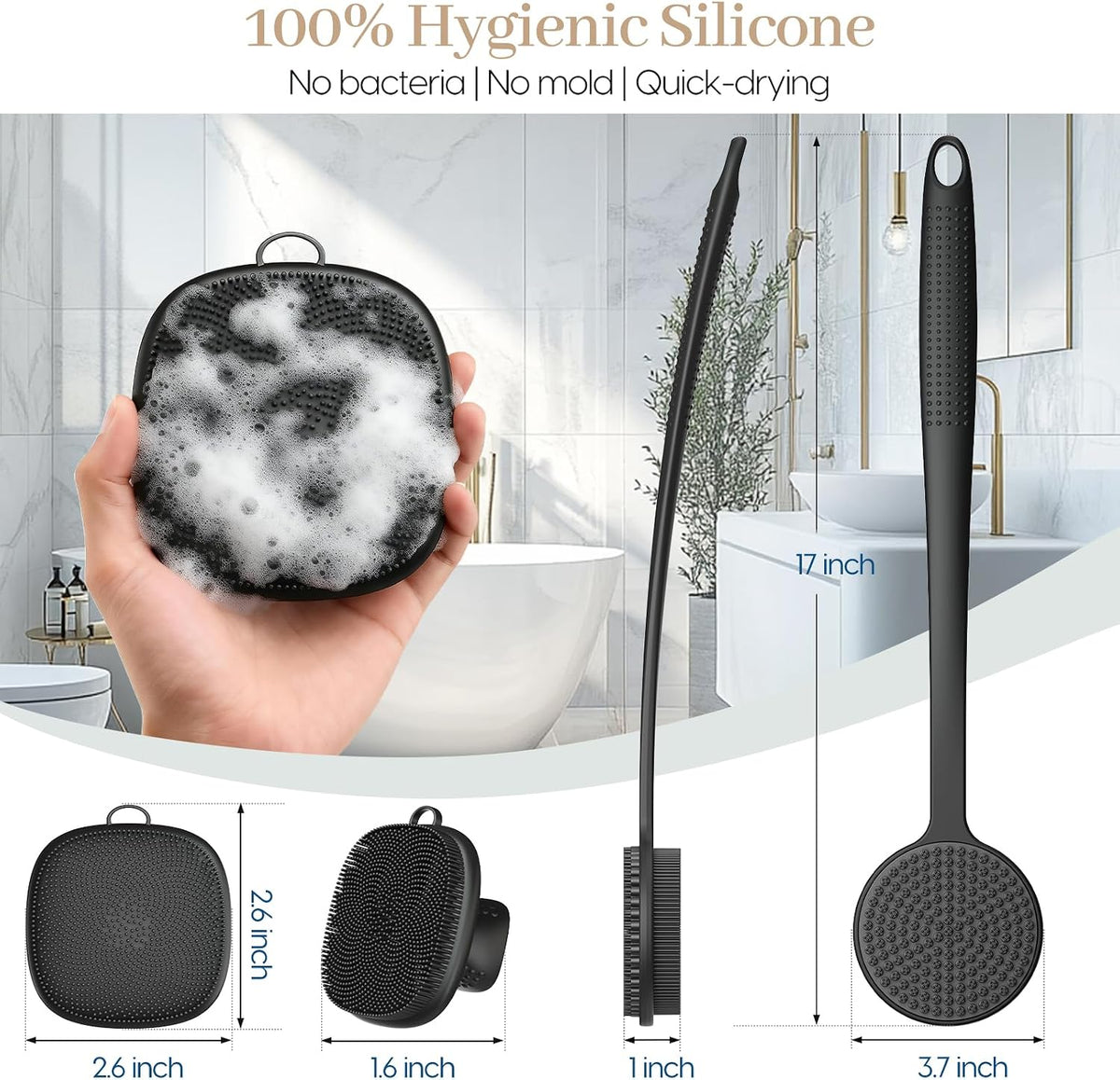 Silicone Back Scrubber for Shower &Silicone Face Scrubber, 2Pcs Silicone Exfoliating Brush Set with 17In Long Handle, Soft Body & Facial Cleansing Scrubber for Men Women
