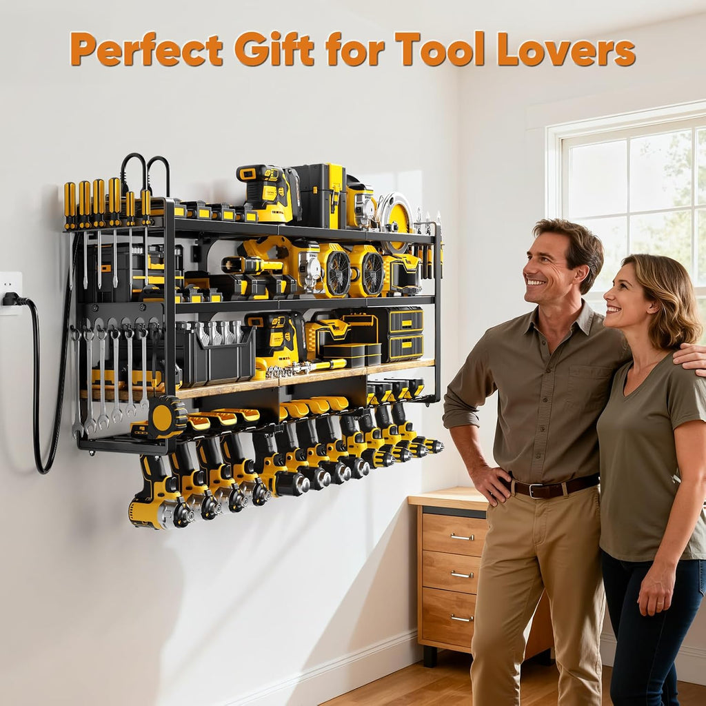 Power Tool Organizer Wall Mount with Charging Station, 4 Tier Tool Battery Storage Rack Built in 8 Outlet Power Strip for Garage, 49" W, Black Wood