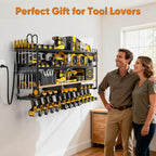 Power Tool Organizer Wall Mount with Charging Station, 4 Tier Tool Battery Storage Rack Built in 8 Outlet Power Strip for Garage, 49" W, Black Wood