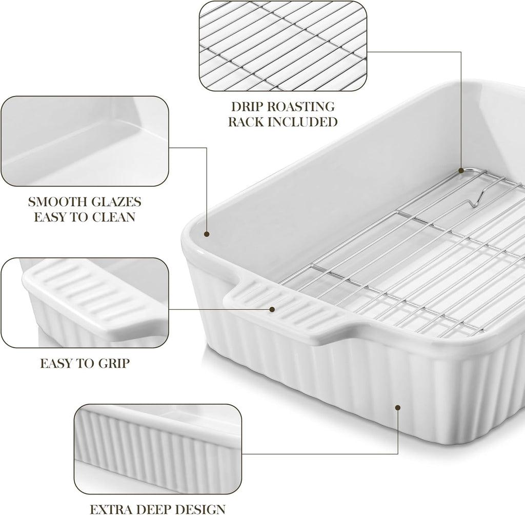MALACASA 4.4 QT Baking Dishes with Rack,Casserole Dishes for Oven,White